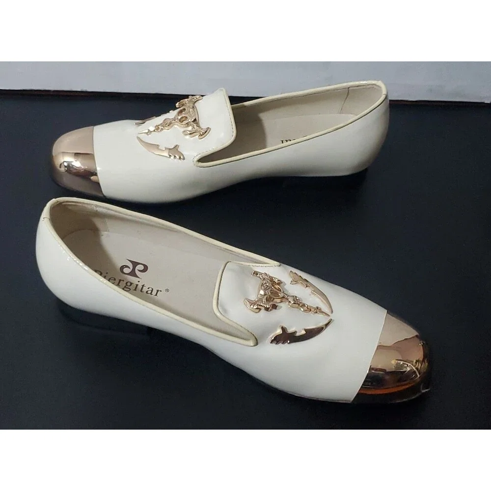 Piergitar 8.5 White/Cream Skull Gold Accents Men's Dress Shoes Patent Leather